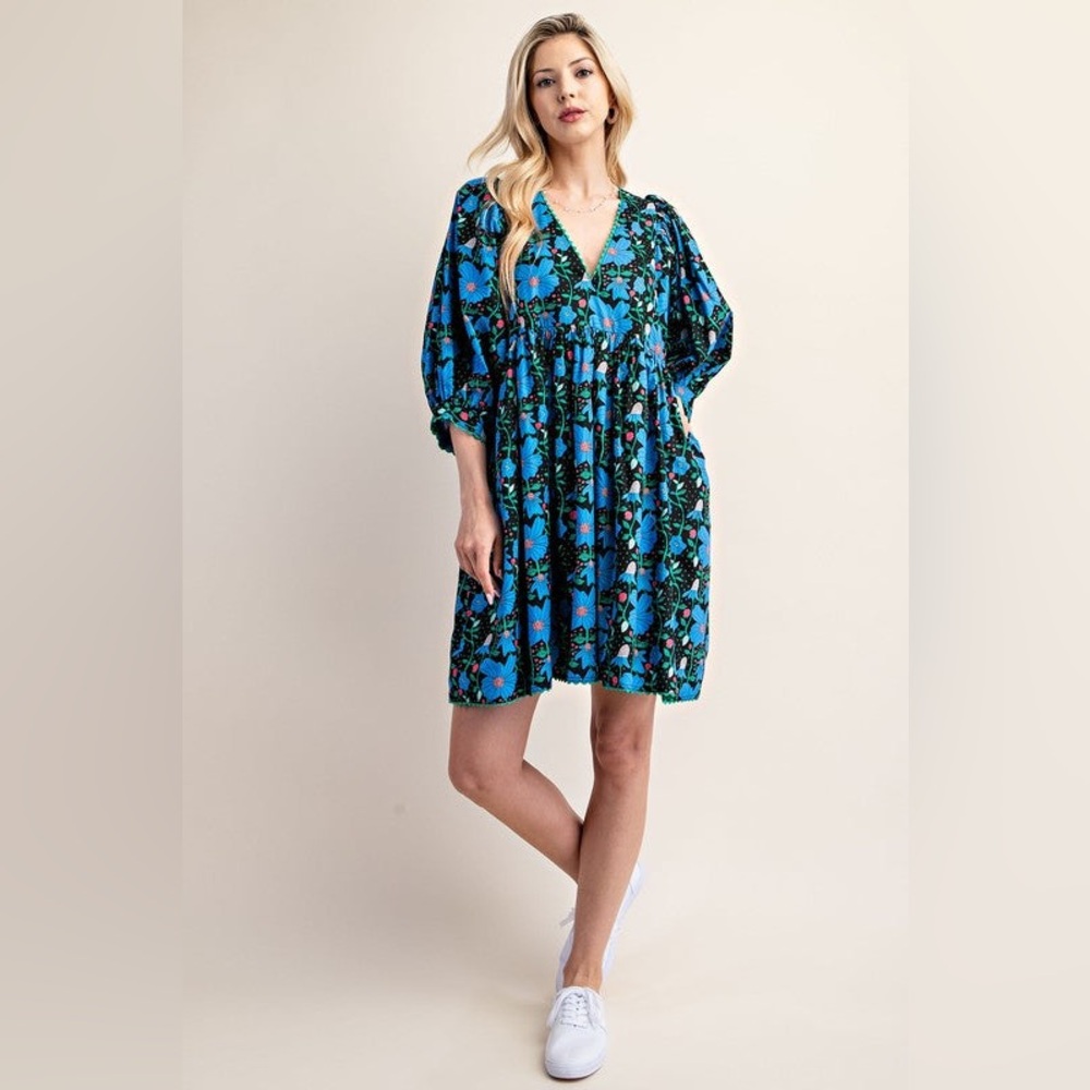 Cottagecore floral babydoll Gigio dress blue black mini lined cotton pockets S